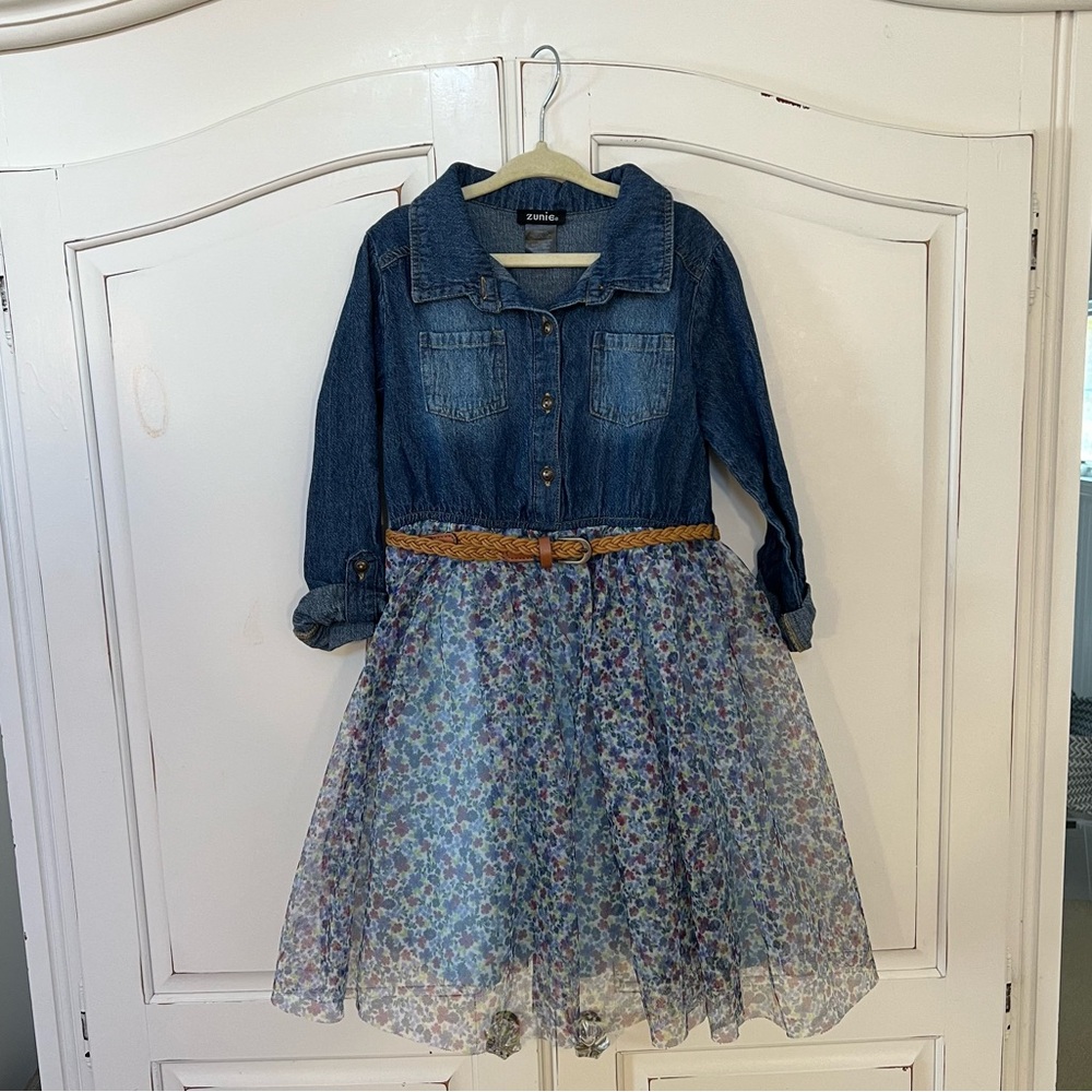 Spring Zunie Denim & Tulle Floral Dress with Brown Belt - Size 7